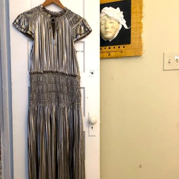 knee length dresses for ladies Silver Chrome Metallic Latex Mock Neck One Sleeve Cut Out Train Gown Small main image 1